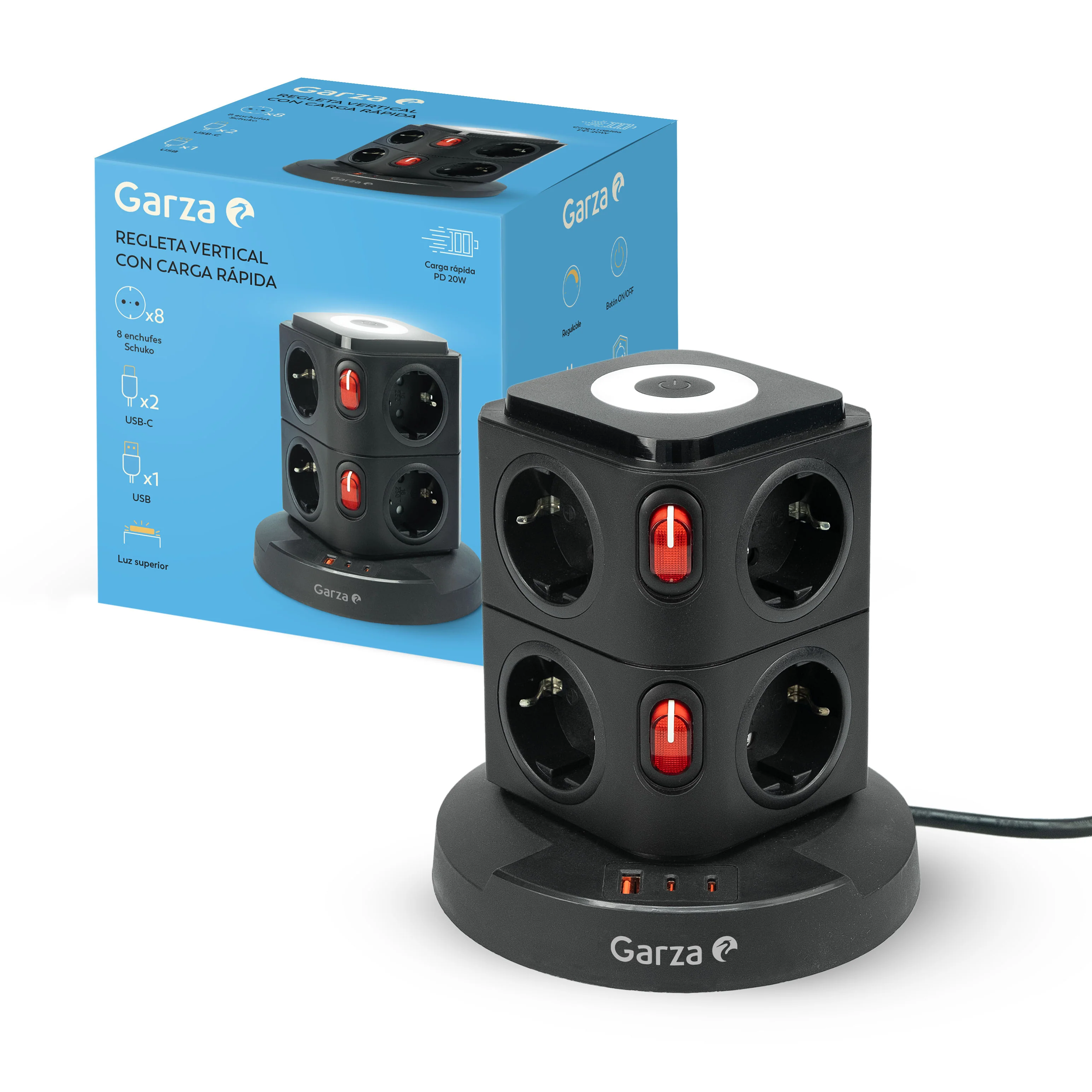 Regleta torre sobremesa con 8 tomas Schuko, 1 USB-A QC3.0 y 2 USB-C carga rápida PD20W - Image 3